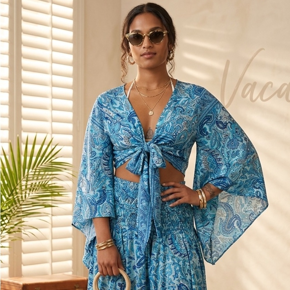 Boho style set, bell sleeve wrap top and matching pants, one size fits most!